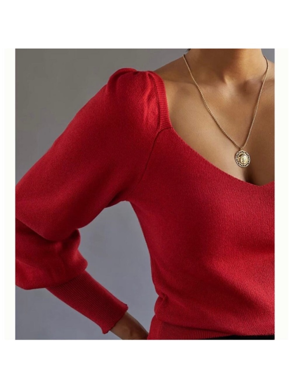 Anthropologie Red V-Neck Puff Sleeve Sweater